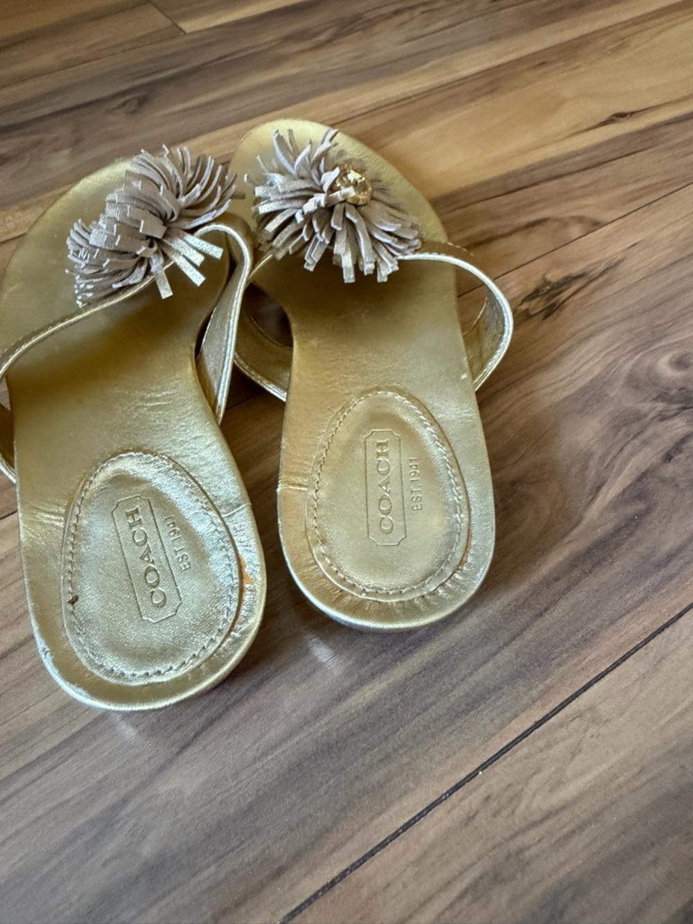 COACH Metallic Gold Leather Tassel Toe-Post Sandals - Picture 3 of 9